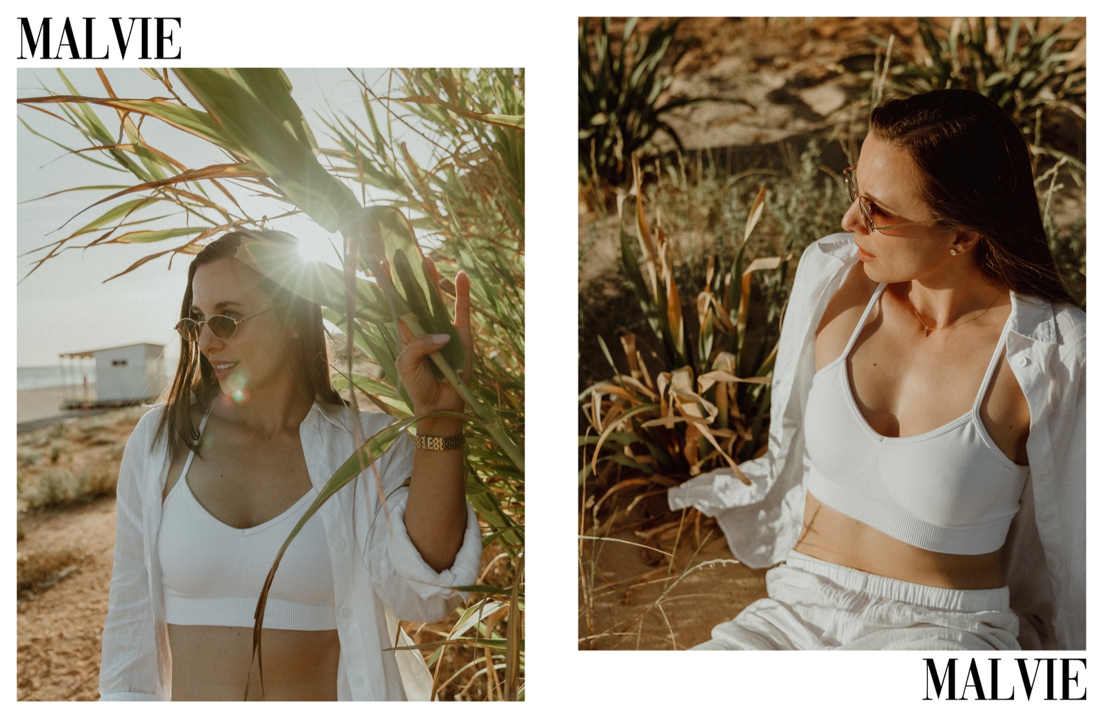 Editorial "Algarve Summer" da Anastasia na MALVIE Magazine: canas em contraluz e erva seca na Praia dos Tomates